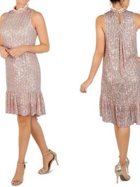 🩷NWT Julia Jordan Mock Neck Sleeveless Sequin Ruffle-Hem Dress in Rose Gold 8🩷